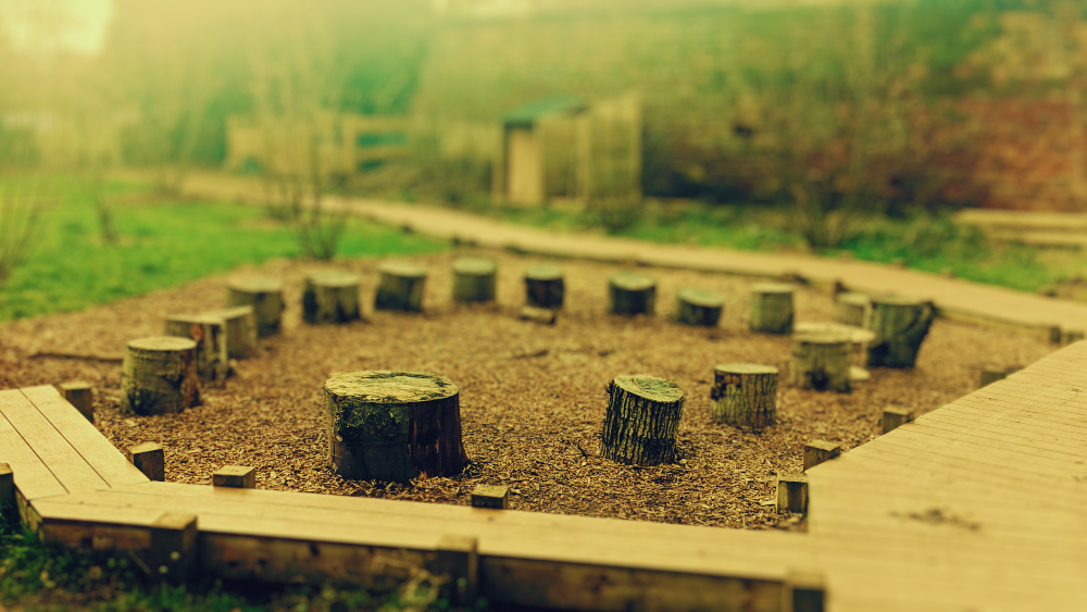 Sudley Walled Garden Circle of log benches in a walled garden